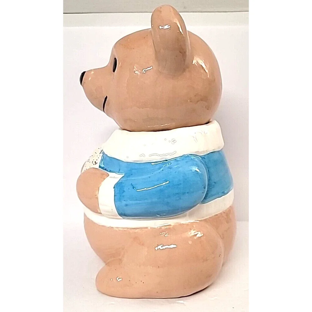 Vintage Tan Bear‎ Holding a Cookie with a Blue/White Sweater Ceramic Cookie Jar